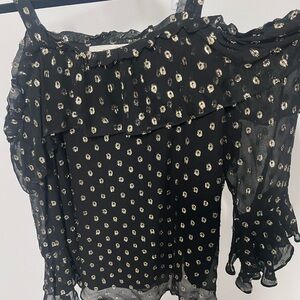 LOFT Black Floral Ruffle Blouse